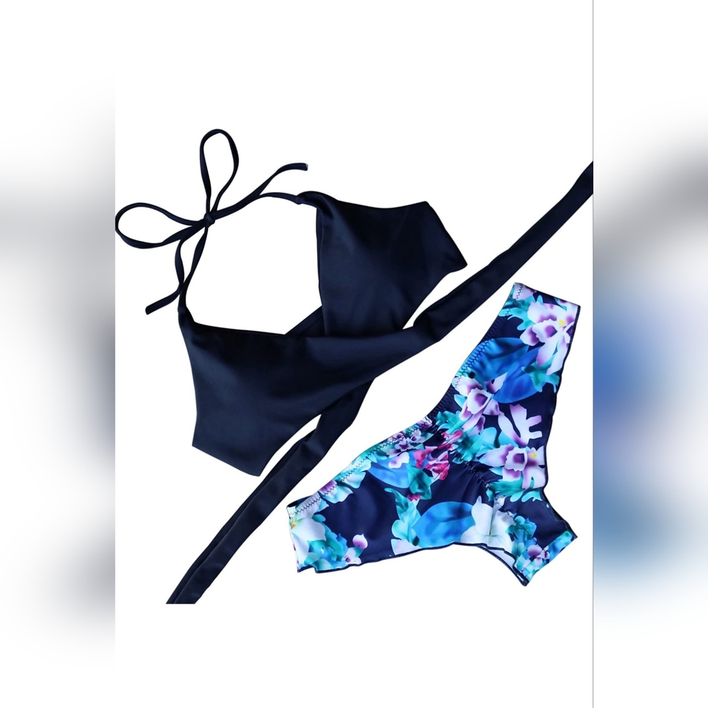 NWOT RUUHEE Womens Push up Padded Bikini Floral Bottom Swimsuit T Piece Navy
